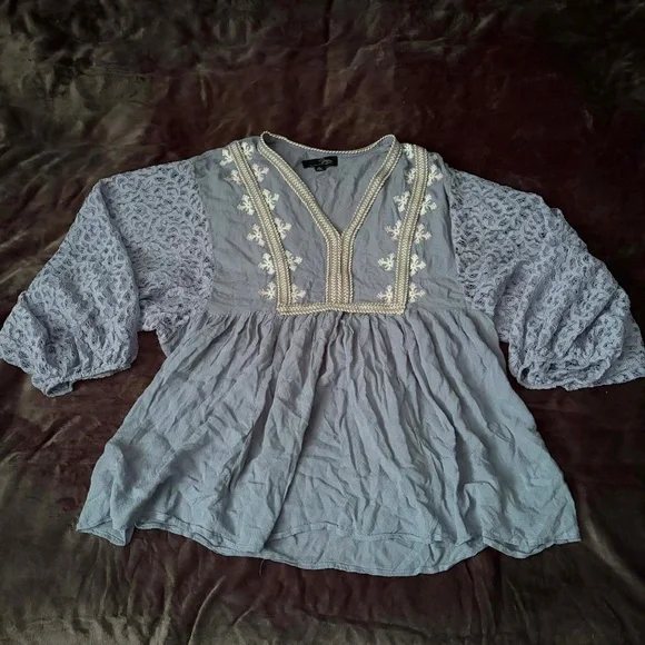 Suzanne Betro Boho Embroidered Lace Sleeve Swiss Dot Peplum Cottagecore Peasant - Picture 2 of 5